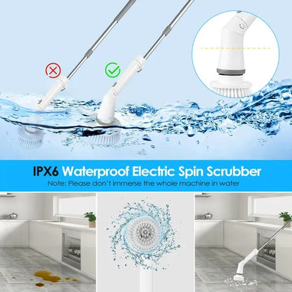 Electric Spin Scrubber Cordless Rechargeable Telescopic Cleaning Brush 6 Replaceable Heads